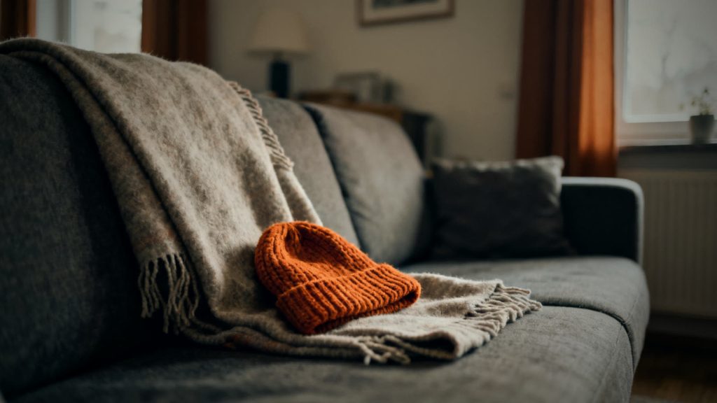 Wolldecke und Mütze auf einem Sofa als sichere Alternative zur Notheizung im Innenraum