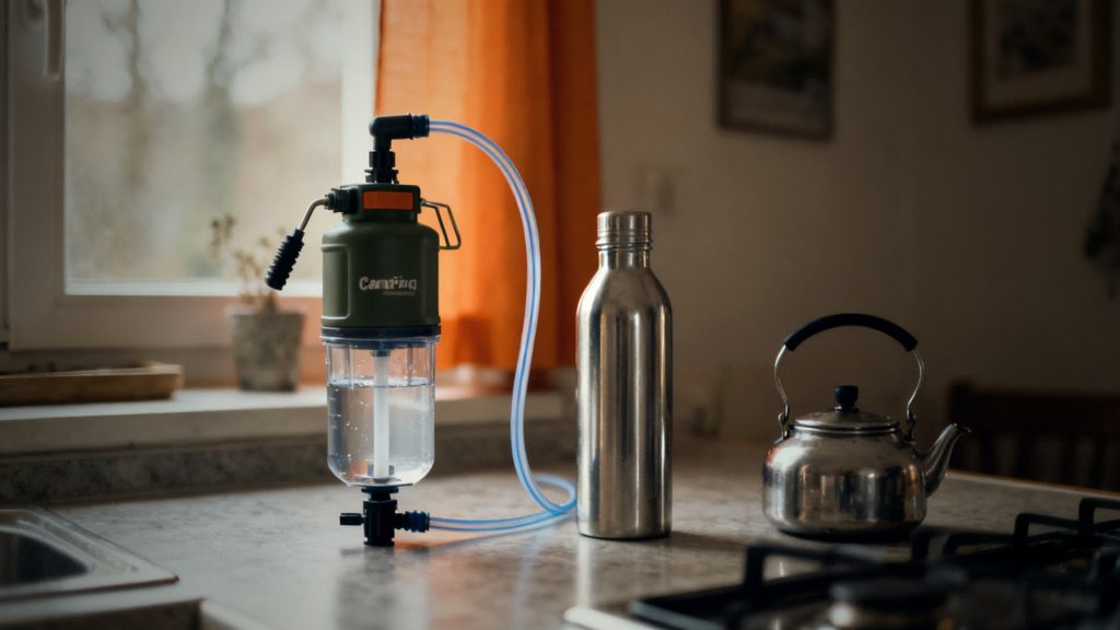 Equipo para potabilizar agua con filtro, botella y hervidor a mano sobre una encimera de cocina