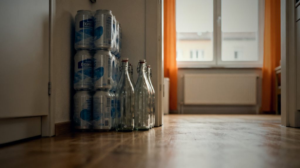 Water supplies in canisters and bottles stacked to save space in a rented apartment