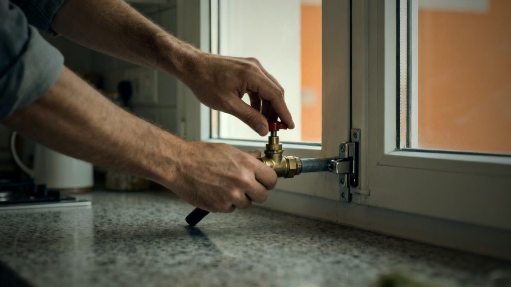 Unas manos cierran la llave de paso general del agua y comprueban una ventana de la vivienda antes de una evacuación