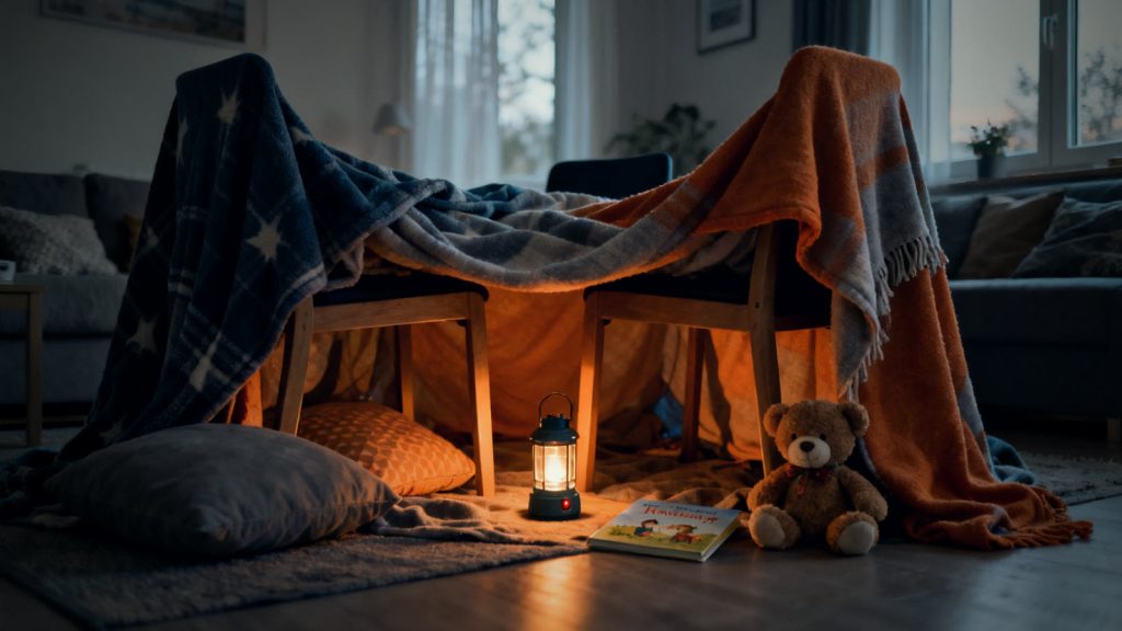 Zelt aus Decken im Wohnzimmer als Beschäftigung für Kinder ohne Strom bei Stromausfall
