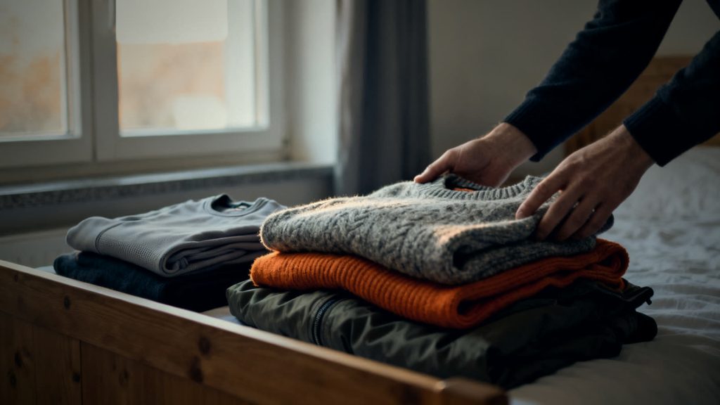 Varias capas de ropa superpuestas, siguiendo el principio de la cebolla, colocadas con orden sobre una cama